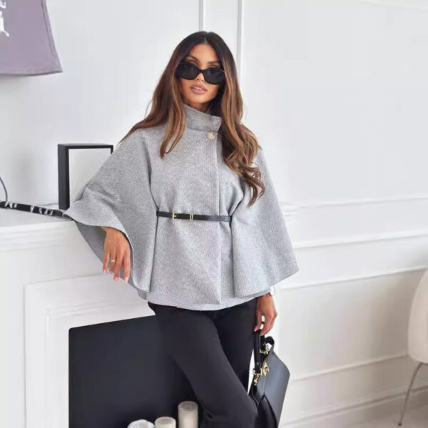 New Stand Collar Batwing Sleeves Cloak Top With Belt Ins Fashion Temperament Jacket Woolen Sweater Outwear For Women Clothing - Image 7