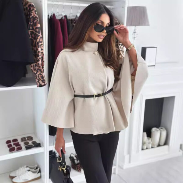 New Stand Collar Batwing Sleeves Cloak Top With Belt Ins Fashion Temperament Jacket Woolen Sweater Outwear For Women Clothing - Image 5